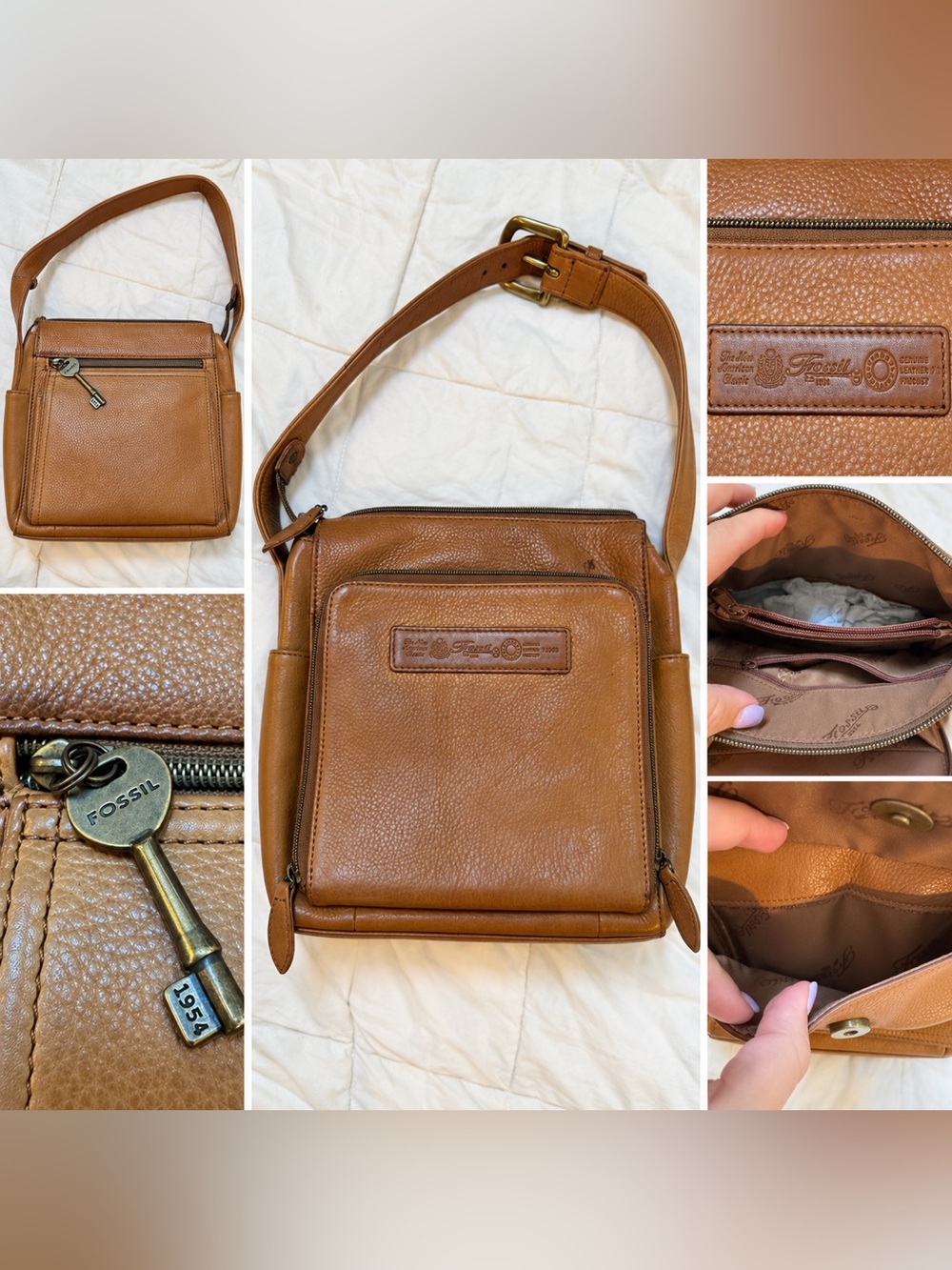 Vintage Fossil 1954 Cognac Leather Organizer Shoulder Bag 75082
